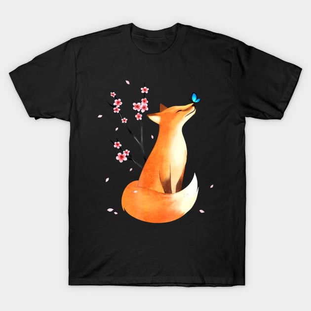 Fox Japanese Cherry Blossom Flower Vintage T-Shirt by JaydeMargulies